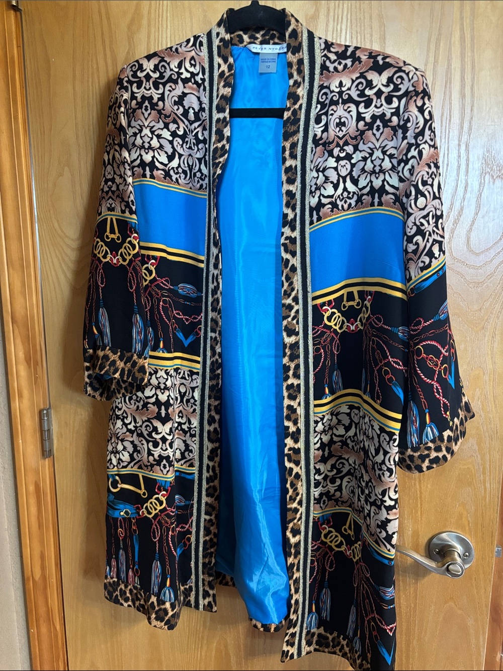Peter Nygard Blue & Black Printed Kimono Robe with Leopard Trim - Picture 1 of 4